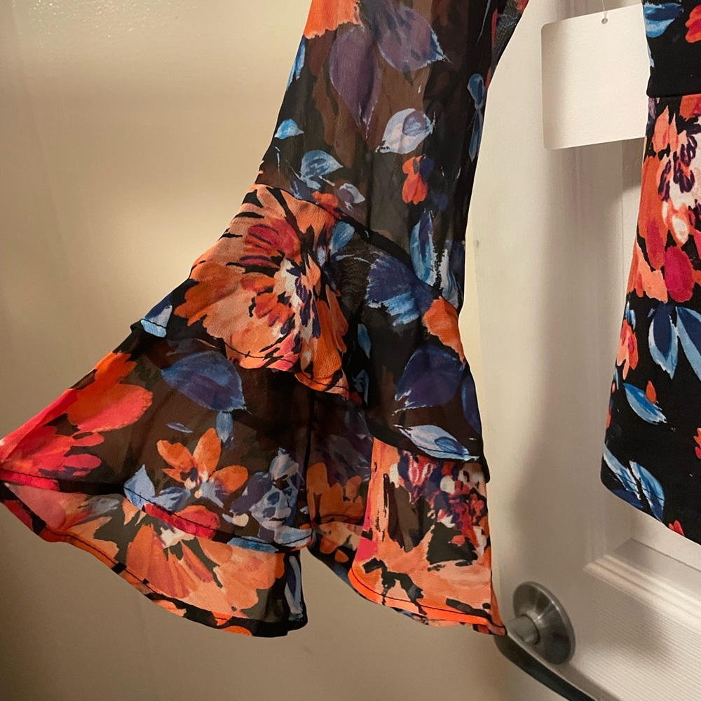 PerSeption Concept Black Wrap Blouse with Orange and Blue Floral Print - Picture 6 of 7